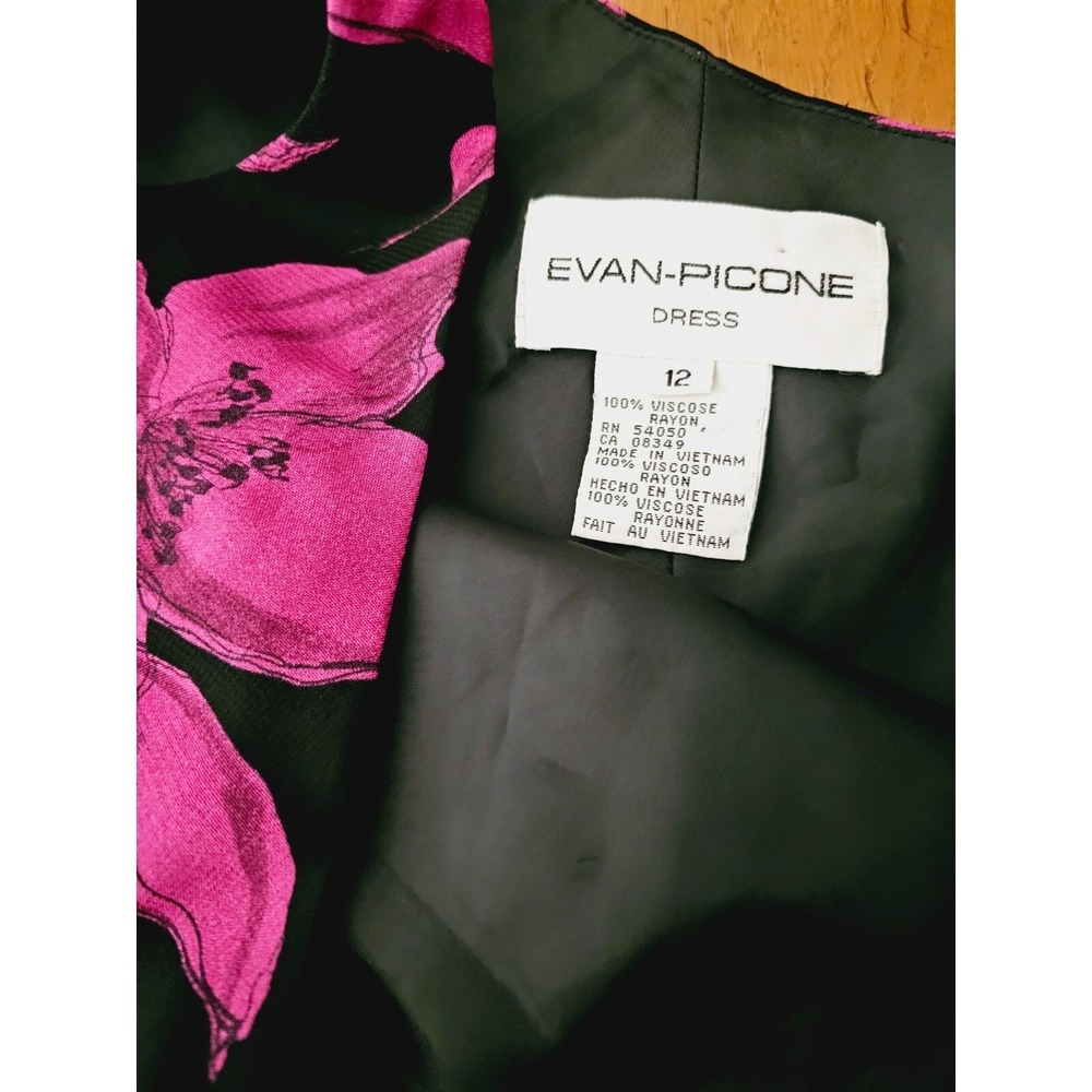 Evan Picone floral dress size 12 fuchsia black asymmetrical midi ruffle hem - Picture 9 of 9